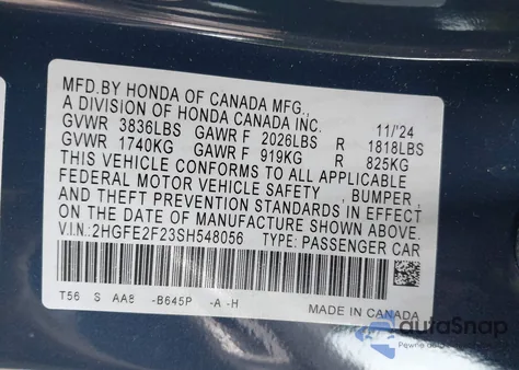2025 Honda Civic Lx from USA, damaged, VIN 2HGFE2F23SH548056